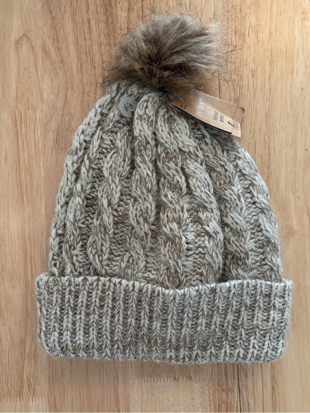 Just Cozy Knit Faux-Fur Pom Beanie in Taupe